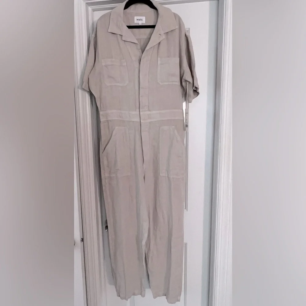 NWT Mate The Label 100% Organic Linen Natural Short Sleeve Button Up Jumpsuit - Picture 5 of 10